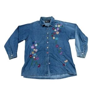 Silver Threads VTG Women's‎ M Denim Boho Western Floral Embroidered Button Down